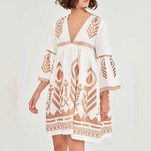 Beautiful Greek Archaic Kori Linen Feather Embroidered Mini Dress
